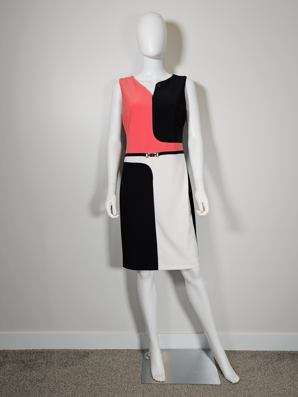 Joseph Ribkoff Coral, Black & White Colorblock Midi Dress Sz 10